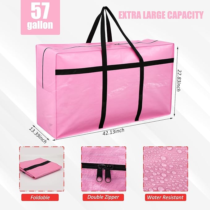Windyun 4 Pack 57 Gallon Extra Large Moving Bags XXL Heavy Duty Storage Bag with Strong Zipper Handle Jumbo Big Tote Box Foldable for College Dorm Travel Clothes Duffle Blanket Pillow(Pink)