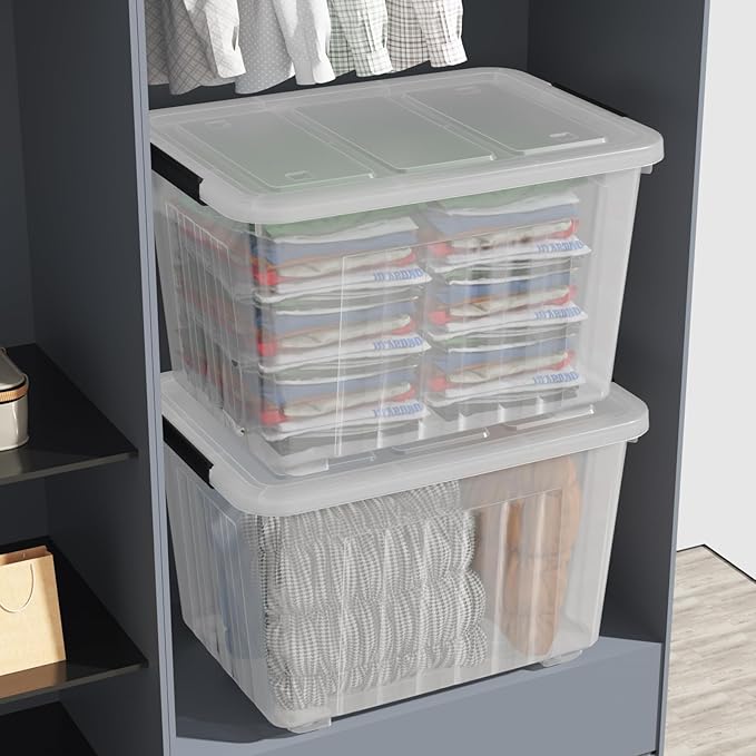 70 Quart Large Plastic Storage Box, Clear Latching Bin with Lid and Wheels, 4 Packs