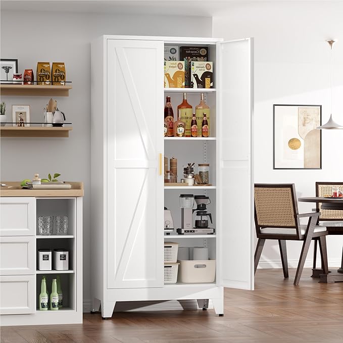 YNIQUESTLE Farmhouse Pantry Cabinet,71" H x 31.5" W,Metal Cabinet with Adjustable Shelves and Barn Doors,5-Tier Storage Cabinet for Kitchen Dining Room Garage,White