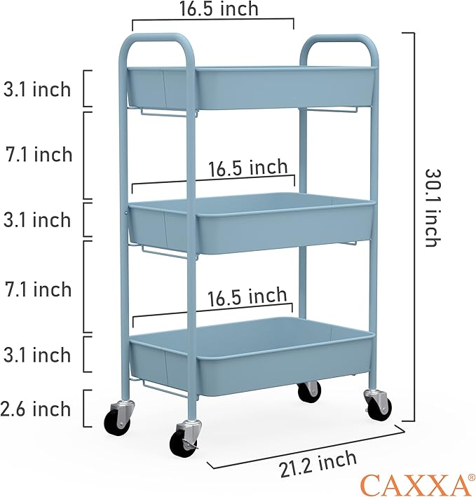 CAXXA 3-Tier Rolling Metal Storage Organizer - Mobile Utility Cart with Caster Wheels, Blue