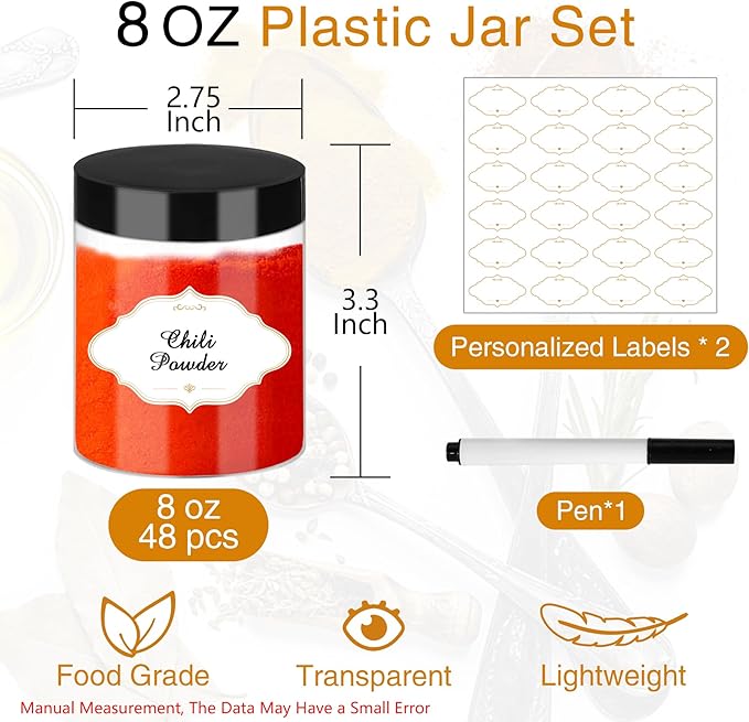8 OZ Plastic Jars with Lids, Slime Containers with Lids 48 Pcs Airtight Round Plastic Storage Jars Wide-Mouth Containers for Slime, Kitchen and Household Food Storage of Dry Goods