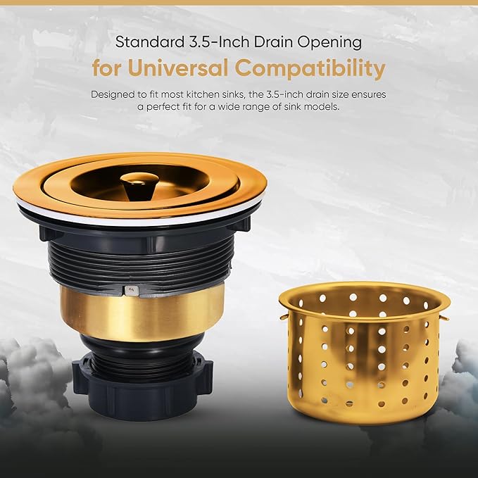 Strictly Sinks Sink Drain Strainer with Removable Basket - 3-1/2 Inch Stainless Steel Round Kitchen Sink Drain Assembly Kit with Deep Strainer Basket & Stopper (Gold)