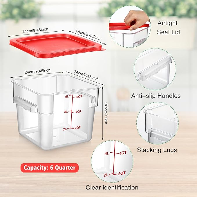 Suclain 2 Pcs Square Food Storage Container Polycarbonate Clear Food Container with Red Lid Commercial Rice Storage with Red Graduations for Commercial Kitchen (6 Qt)