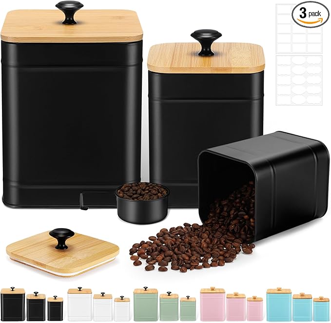 Tioncy Kitchen Canisters for Countertop Set of 3 Metal Canisters Sets with Bamboo Lids Spoon Airtight High Capacity Coffee Tea Sugar Flour Jars with DIY Labels Farmhouse Food Storage(Black,XL,L,M)