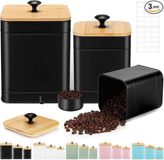 Tioncy Kitchen Canisters for Countertop Set of 3 Metal Canisters Sets with Bamboo Lids Spoon Airtight High Capacity Coffee Tea Sugar Flour Jars with DIY Labels Farmhouse Food Storage(Black,L,M,S)