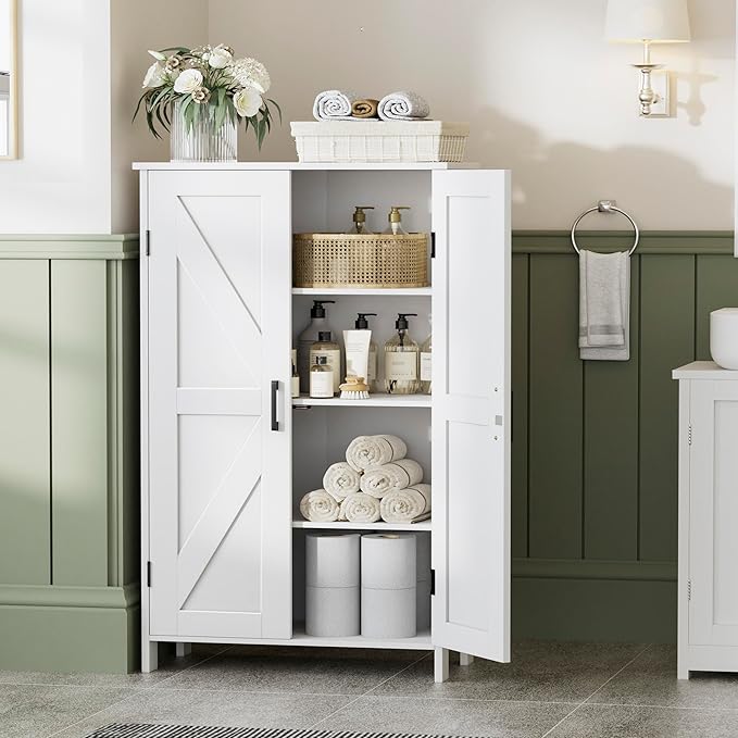 Homleke Farmhouse Bathroom Cabinet with Adjustable Shelves, Free-Standing Storage Cabinet with Barn Doors, for Kitchen, Living Room, Dining Room, Entryway, White