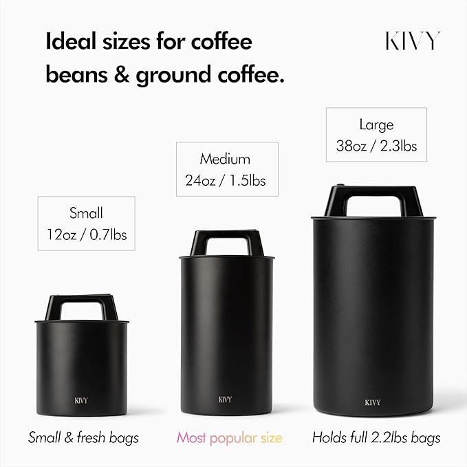 KIVY Vacuum Coffee Canister - Push Lid Preserves Coffee Aroma & Oil - Stainless Steel Airtight Coffee Canister - Removes Excess Air