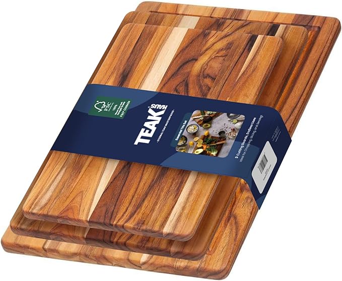 Teakhaus Teak Wood Cutting Board Set of 3 - Small, Medium and Large Teak Cutting Boards - Holiday Gift Ideas for Men and Women - Gift-Ready, Reversible, Edge Grain, Knife Friendly - FSC Certified