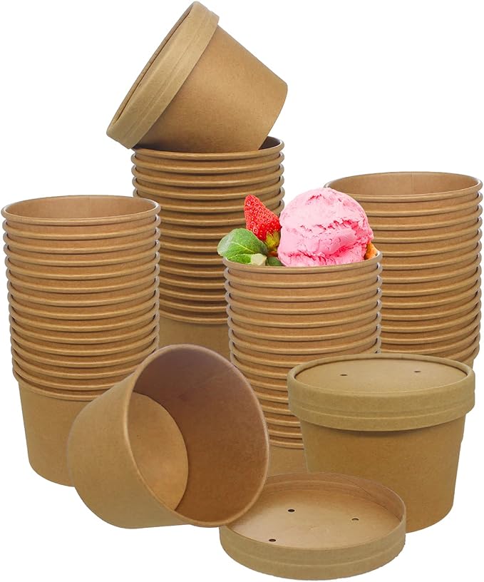Belinlen Paper Ice Cream Cups with Paper Lids, Hot/Cold Soup Cups with Lids (Kraft) (50, 12 oz)