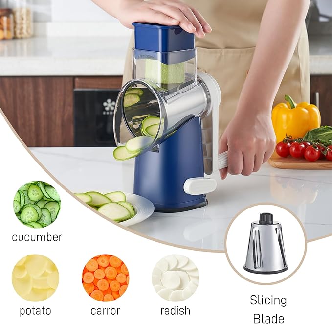 Weltonhm Rotary Cheese Grater with 4 Blades, Hand Crank Cheese Grater with Waffle Slicer, Black and White Cheese Slicer with Suction Base, Easier for Shredding& Grating (Blue, 4 Graters)