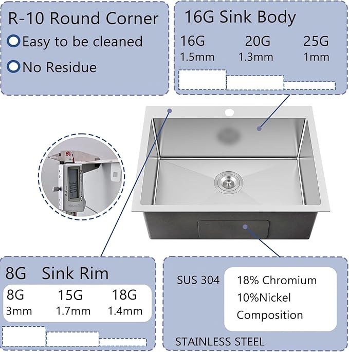 25x18 Inch Kitchen Sink Drop In, Topmount Kitchen Sink Stainless Steel Square Small Sinks, Single Bowl Kitchen Sinks For Laundry RV Office Outdoor Yard, VALYJ2518S
