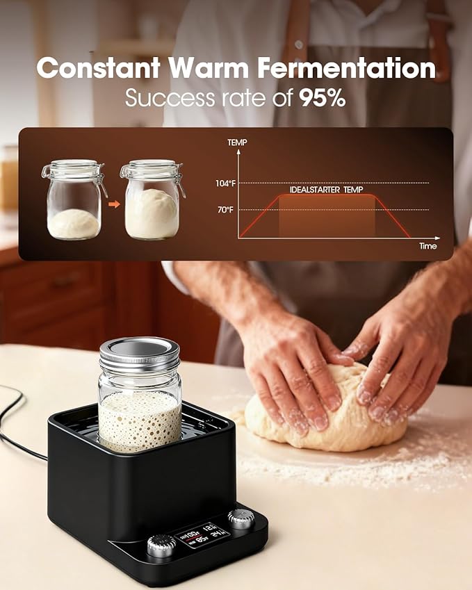 MQUPIN Sourdough Starter Warmer, Even Heating Water Bath Sourdough Warmer, 1°F Precise Thermostat (70-104°F),198H Timer, Smart Yeast Feeding Warmer for Kombucha Yoghurt Beer Fermentation (Black)