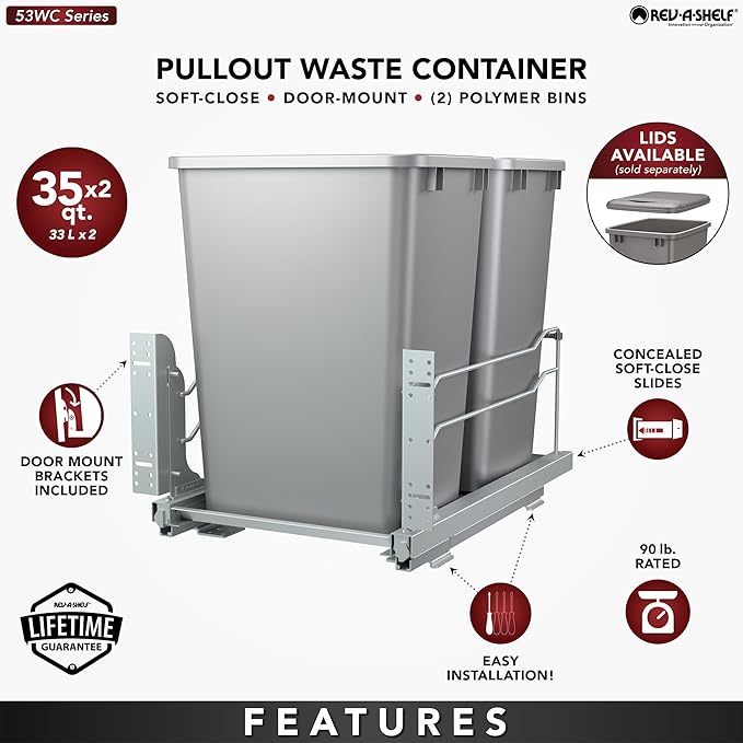 Rev-A-Shelf Double Pullout for Under Kitchen Cabinets 35 Quart 8.75 Gallon with Soft-Close Slides, Metallic Silver, 53WC-1835SCDM-217