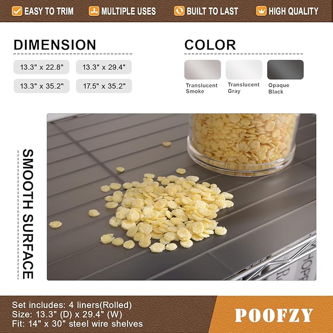 Poofzy Wire Shelf Liner 14" X 36", Non-Adhesive Plastic Shelf Liners for Wire Shelving, Waterproof Protector Mats (4PK, Gray)
