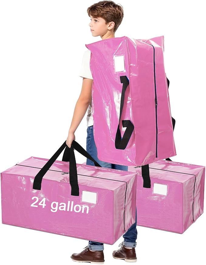 4 Pcs 24 Gallon Extra Large Moving Bags Heavy Duty Storage Bag with Strong Zipper Handle Foldable XXL Jumbo Storage Tote Packing Moving Box for College Dorm Travel Cloth Duffle (Pink)