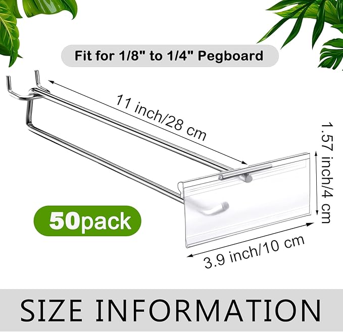Thyle 50 Pcs Metal Scan Hook with Label Holder for 1/8" to 1/4" Pegboard, Peg Board Hooks with Price Tag, Pegboard Wall Accessories, Metal Hooks for Home Garage Retail Display Supplies (11 Inch)