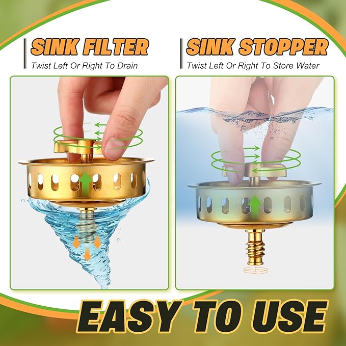 2 Pcs Kitchen Sink Drain Strainer 3-1/2 Inch Gold Stainless Steel Drainer Assembly with T Shaped Strainer Basket and Stopper for Standard 3.5 Inch Sink Drain Hole