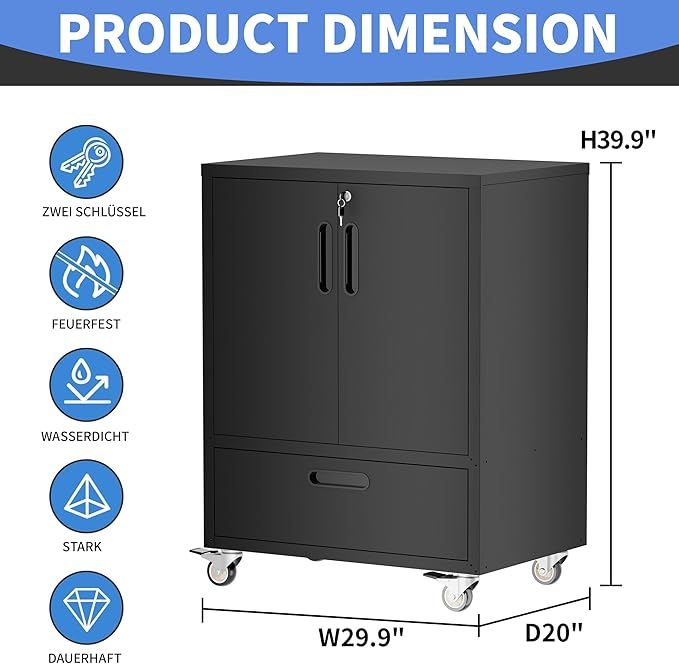 BIZOEIRON Metal Storage Cabinet with Wheels, Mobile Garage Storage Cabinet with 2 Lockable Doors and 1 Drawer, Rolling Tool Cabinet, Assembly Required, Black