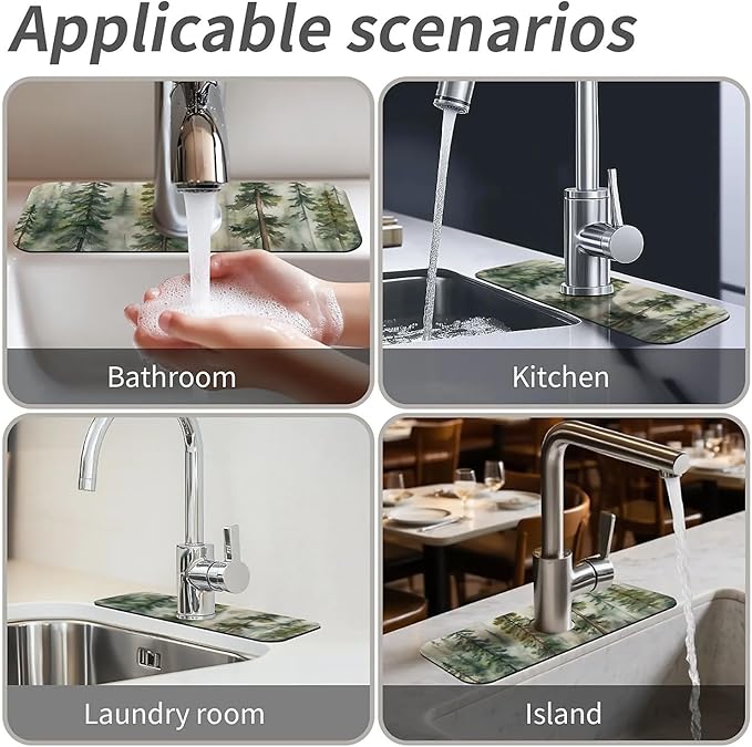Kitchen Sink Splash Guard，Tall pine trees Faucet Mat Sink Gadgets-Super Absorbent Fast Drying Mat Drip Catcher for Kitchen, Bathroom,Sink Mat, Dish Drying Mat, Bathroom(15" X 5.5" )