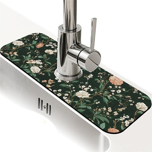 Kitchen Sink Splash Guard，dark green Garden Faucet Mat Sink Gadgets-Super Absorbent Fast Drying Mat Drip Catcher for Kitchen, Bathroom,Sink Mat, Dish Drying Mat, Bathroom(15" X 5.5" )