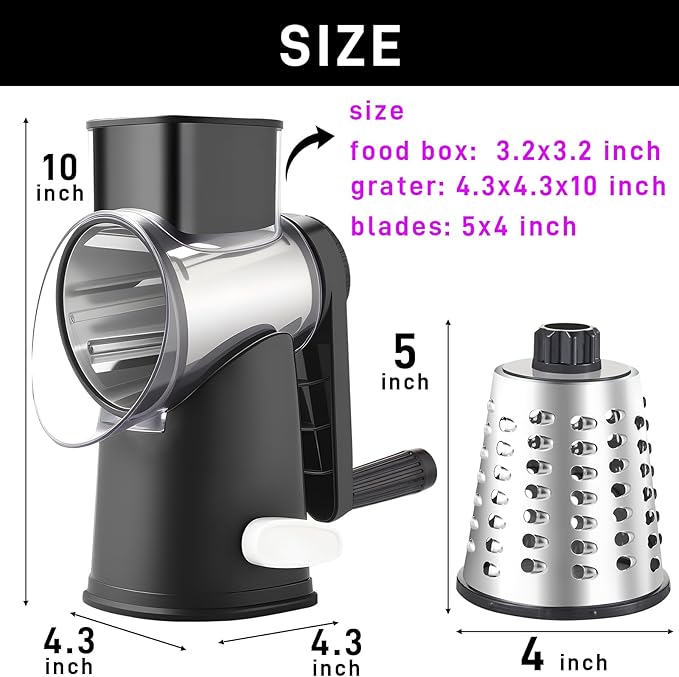 Weltonhm Rotary Cheese Graters with 4 Blades, Hand Crank Cheese Grater with Waffle Slicer, Red, Black and White Cheese Shredder with Suction Base, Easier for Shredding & Grating (Black, 4 Graters)