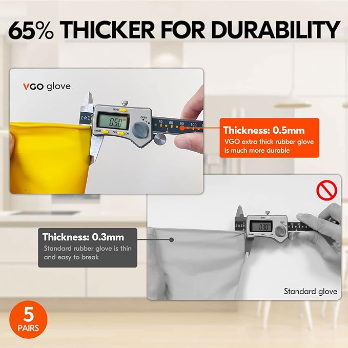 Vgo... 5-Pairs Reusable Household Gloves, Rubber Dishwashing gloves, Extra Thickness, Long Sleeves, Kitchen Cleaning, Working, Painting, Gardening, Pet Care (Size L, Yellow, HH4601)