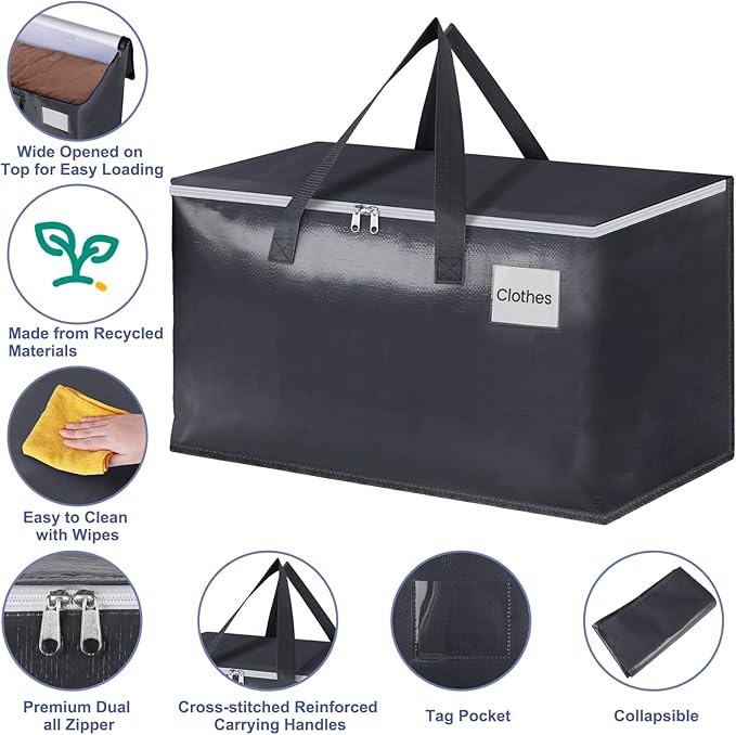 StorageRight Heavy Duty Moving Boxes-Moving Bags with Zipper, Reinforced Handles and Tag Pocket-Collapsible Moving Supplies-Totes for Storage Great for Moving, Storage and Travel 93L(Gray-6 Pack)