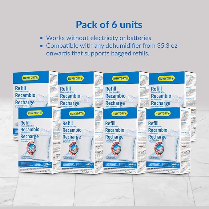 HUMYDRY Moisture Absorber Refills for 35.3 Oz Dehumidifier Device, Pack of 6 Unscented Humidity Absorber Bags, Non Electric Refill Pouches For Basements Garages Offices RVs and Large Enclosed Spaces
