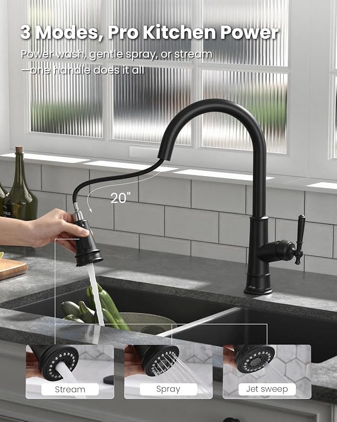 APPASO Black Kitchen Faucet with Pull Down Sprayer, Patented Design Single Handle High Arc Single Hole Pull Out Kitchen Sink Faucets, cUPC-Certified Pull-Out Hose, Water Supply Tubing & Valve Core