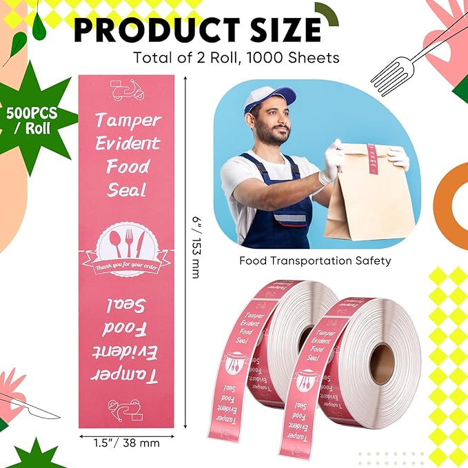 1000 Pieces Tamper Proof Stickers Safety Stickers for Food Delivery 1.5 x 6 Inches Tamper Seal Proof Tape Safe Labels Sealed for Freshness Drink Food Container Pizza Boxes(Pink)