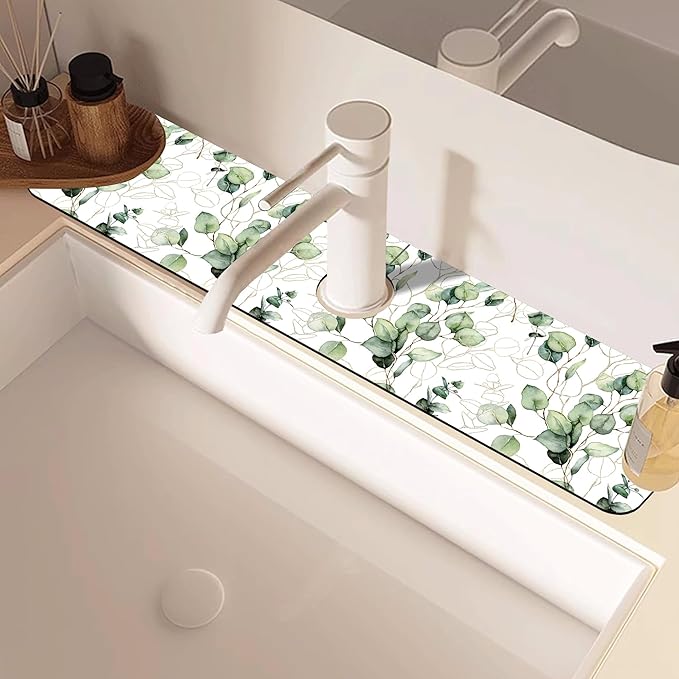 Watercolor Gold Eucalyptus Branch Dish Drying Mat for Kitchen Sink Splash Guard Behind Faucet Sink Mat Absorbent Fast Drying Faucet Draining Mat for Bathroom Kitchen 5.5"×24"