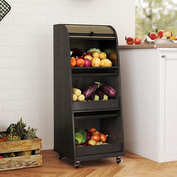 Movable Onion and Potato Storage Bin Box, Black Potato Bins with Wheels and Sliding Door, Farmhouse Fruit and Vegetable Basket Storage, Small Food Kitchen Pantry Cabinet, Wooden Bread Box, Flip-top