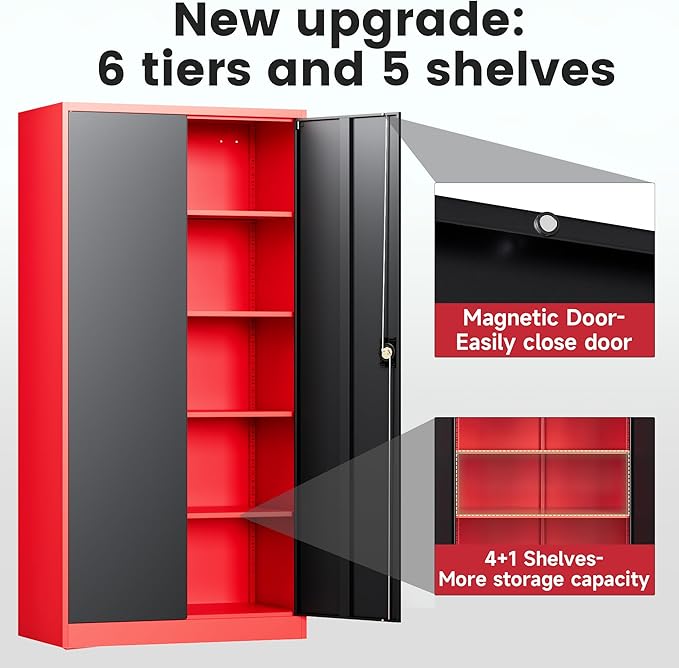 Letaya Metal Storage Cabinets with Lock, 72" Tall Locker Organizer Steel Cabinets, Adjustable Layers Shelves 2 Doors for Home, Office, Warehouse,Garage(Black Red)