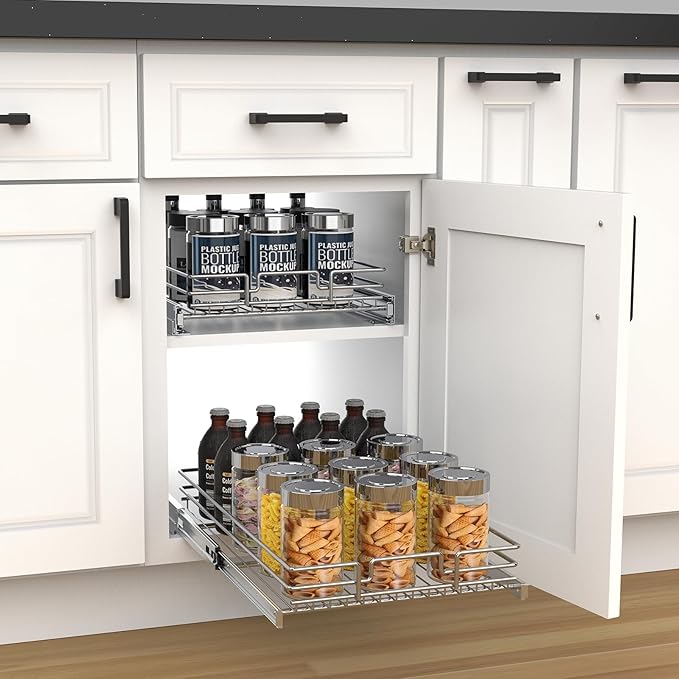 Pull Out Cabinet Organizer, Heavy-Duty Metal Sliding Drawer Shelf for Kitchen Cabinets, Chrome, Doesn't Include Door Fittings (17 * 21 IN)