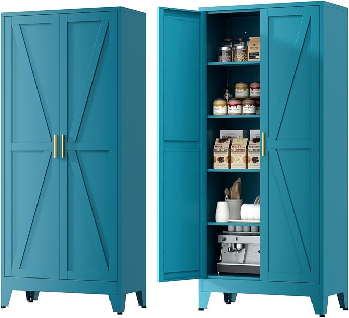 YNIQUESTLE Farmhouse Pantry Cabinet with Barn Doors, 71" H x 31.5" W, 5-Tier Metal Storage Cabinet with 4 Adjustable Shelves for Kitchen Garage Dining Room,Blue