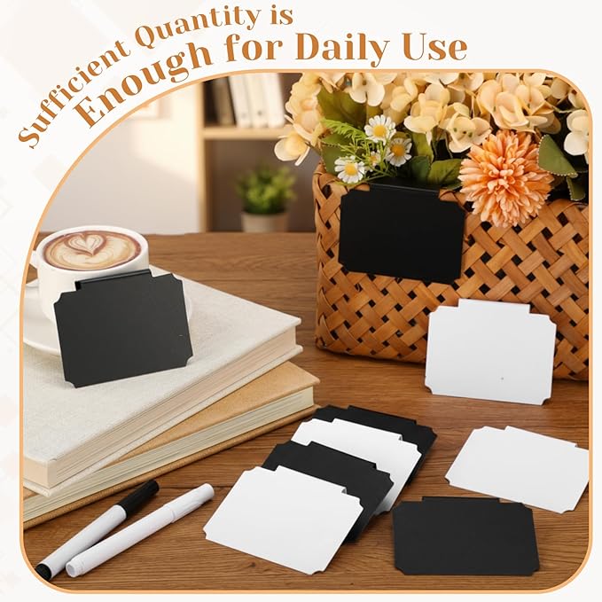 50 Pcs Basket Labels Clip on with 4 Black Chalk Markers Reusable Plastic Storage Bin Erasable Labels Kitchen Pantry PVC Tag Stickers for Fabric Cubes Basket Box Organization (White and Black)