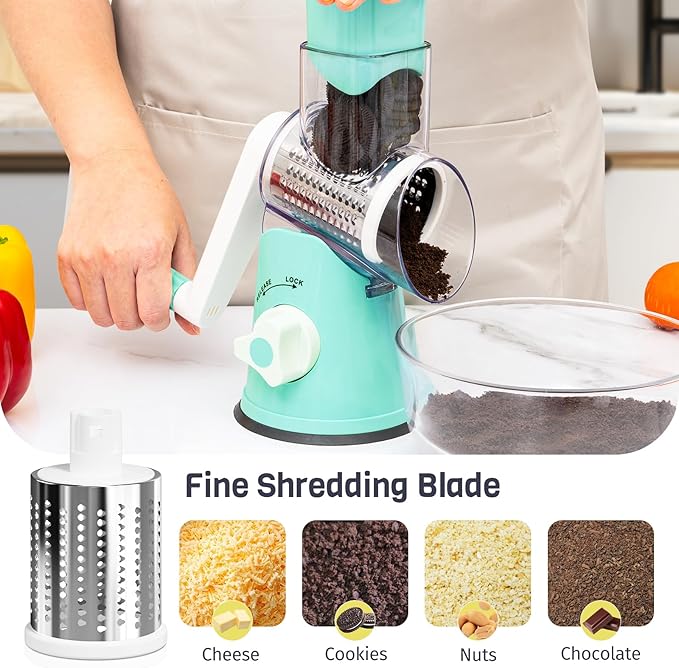 Nexsujo Rotary Cheese Grater Hand Crank, 3 Blades Slicer Shredder, Cheese Grater for Kitchen, Multi-Functional Kitchen Tool for Vegetables, Nuts, Chocolate, with Strong Suction Base, Blue