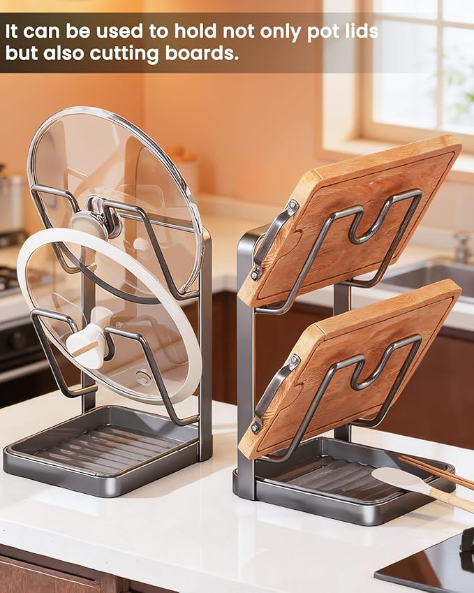 IENG Pot Lid Organizer Holder Kitchen Storage Rack While Cooking Inside Cabinet Pan Cover Countertop with Double U-Shaped Slots over the Stove Spoon and Rest for Cutting Board Stand Drip Tray