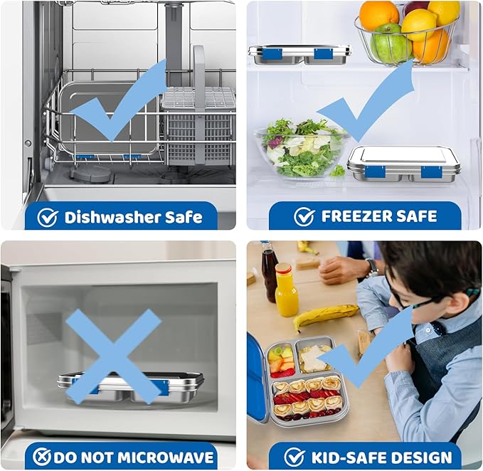 Stainless Steel Bento Box for Kids 1000ml - 3 Compartment Lunch Box for Adults, Leakproof Food Container, BPA-Free Metal Lunch Box with Silicone Seal, Eco-Friendly/Dishwasher Safe (Blue)