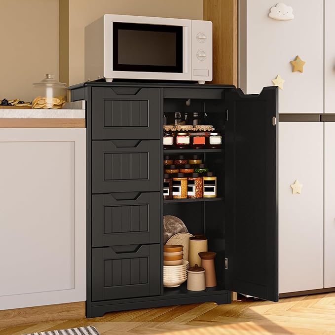 Gizoon Small Kitchen Pantry Storage Cabinet with Door and Shelves, 33'' Kitchen Pantry Cabinet Freestanding Wooden Bathroom Storage Cabinet with 4 Drawers for Kitchen and Dining Room, Black
