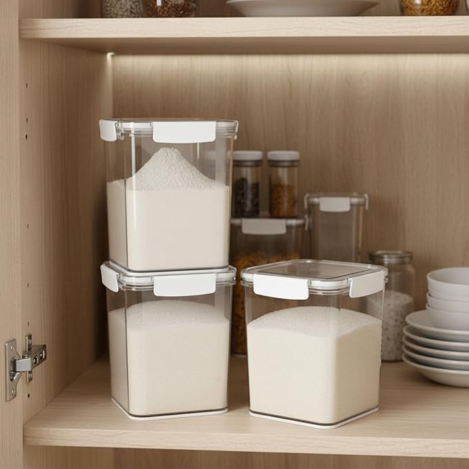 Set Of 3 Large Food Storage Jars 4L - Airtight Containers with Lids,Sugar and Flour Containers Set with Spoon,Kitchen Canisters for Sugar,Flour, Coffee,Pantry Organization Keeper(Clear-3 Pack)