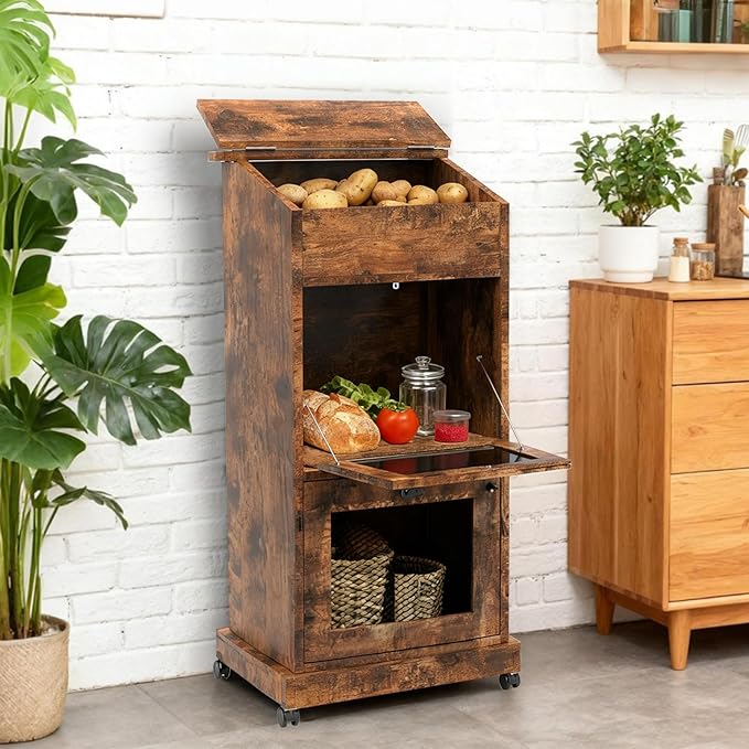 Potato and Onion Storage Bin Wooden Potato Storage Cabinets with Mesh Doors Vegetable Storage Bread Box with Lid Movable Fruit Basket with Wheels Decorative Vegetable Organization Cabinet for Kitchen