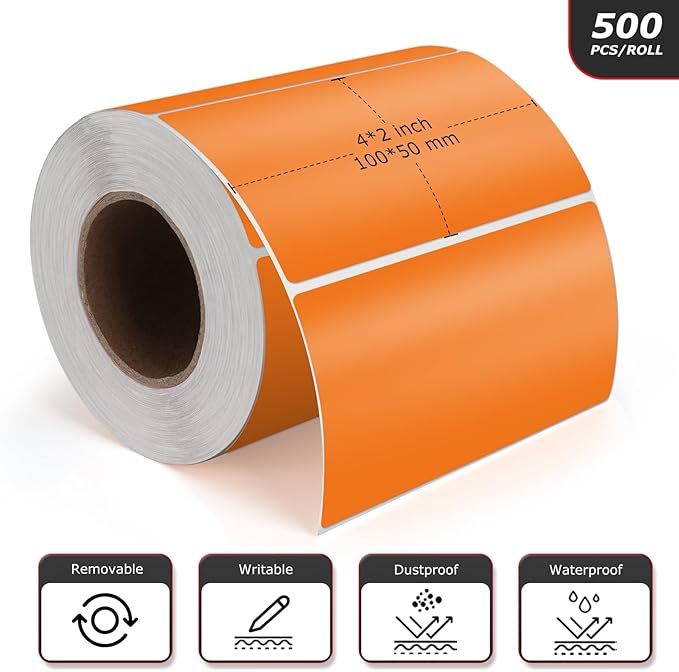 Orange Rectangle Stickers 4 x 2 Inch Color Coding Labels Vinyl Roll Self-Adhesive Waterproof Removable 500 PCS