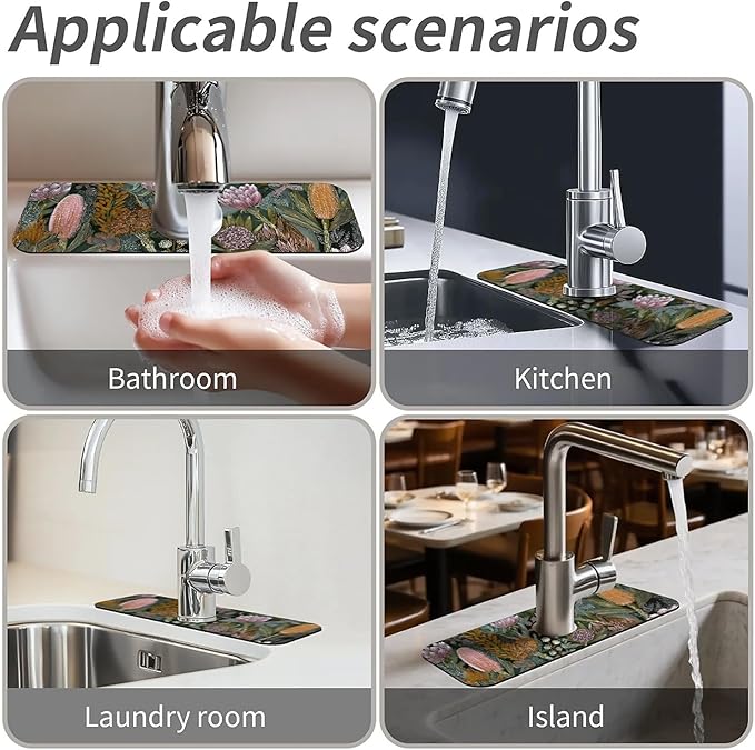 Kitchen Sink Splash Guard，Bohemian flowers and plants Faucet Mat Sink Gadgets-Super Absorbent Fast Drying Mat Drip Catcher for Kitchen, Bathroom,Sink Mat, Dish Drying Mat, Bathroom(15" X 5.5" )