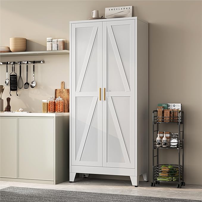 YAUWOH 71''Metal Cabinet with 4 Adjustable Shelves,5-Tier Pantry Storage Cabinet,Kitchen Pantry Cabinet for Living Room,Dining Room, White