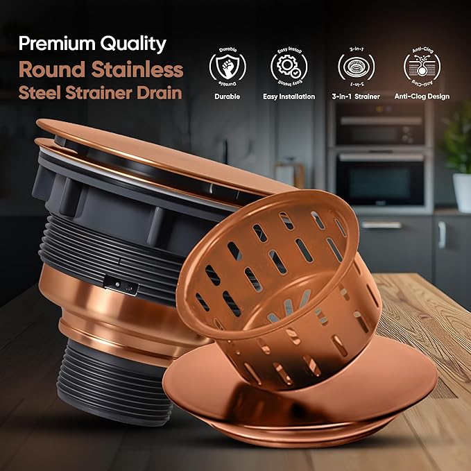 Strictly Sinks Sink Drain Strainer with Removable Basket - 3-1/2 Inch Stainless Steel Round Kitchen Sink Drain Assembly Kit with Deep Strainer Basket & Flat Cover Lid (Copper)