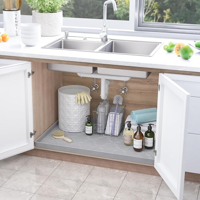 SIKADEER 34" x 22" Under Sink Mat Waterproof, Silicone Mat Kitchen Drawer Shelf and Cabinet Liner, Sink Protector for Kitchen Organizers and Storage, Boot Tray Pet Food Mats