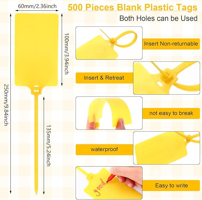 Chunful 500 Pcs Blank Plastic Tags Shipping Tags 3.94"x 2.36" Waterproof Sealing Shipping Labels Bulk Writable Hanging Tag Ties Sealing Strap Reusable Mark Labels for Keys Luggage Logistic(Yellow)