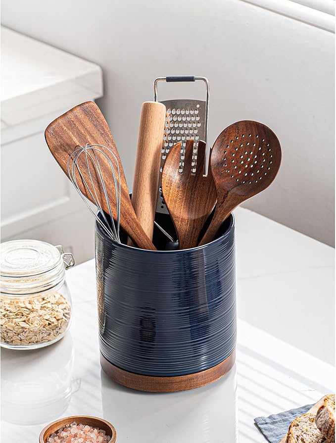 MIKIGEY Utensil Holder, 360° Rotating Extra Large Ceramic Kitchen Utensil Holder for Countertop, 7.3“ Cooking Utensil Crocks for Kitchen Counter with Rotatable Wooden Base, Farmhouse Decor, Dark Blue