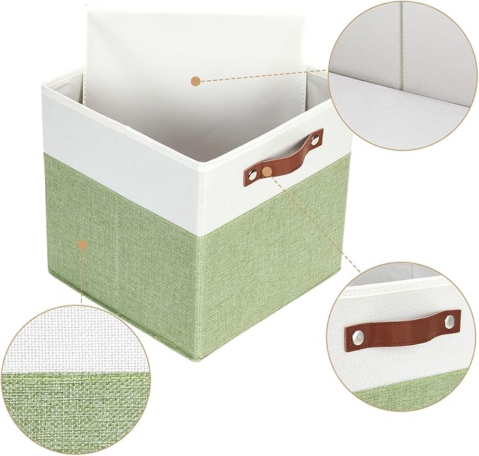 HNZIGE Fabric Storage Cubes for Shelves Set of 4,Storage Cubes Baskets 12 x12, Decorative Storage Bins Basket with Handles, Green Baskets for Organizing Home Nursery(Green White)